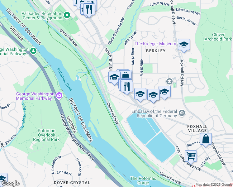 map of restaurants, bars, coffee shops, grocery stores, and more near 5022 V Street Northwest in Washington