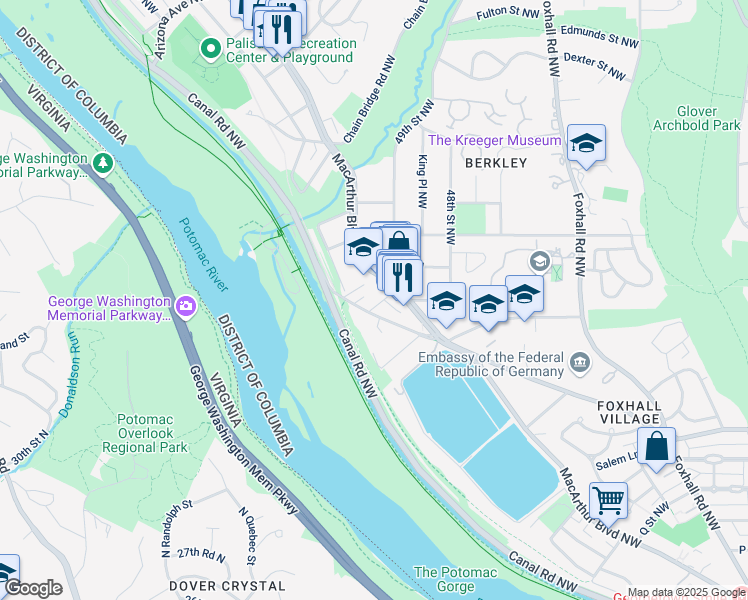 map of restaurants, bars, coffee shops, grocery stores, and more near 5018 V Street Northwest in Washington