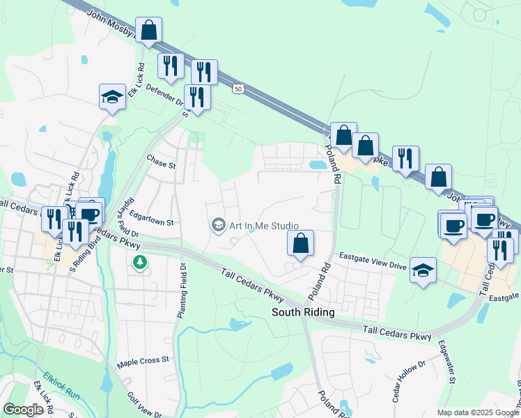 map of restaurants, bars, coffee shops, grocery stores, and more near 43359 Mountain View Drive in Chantilly