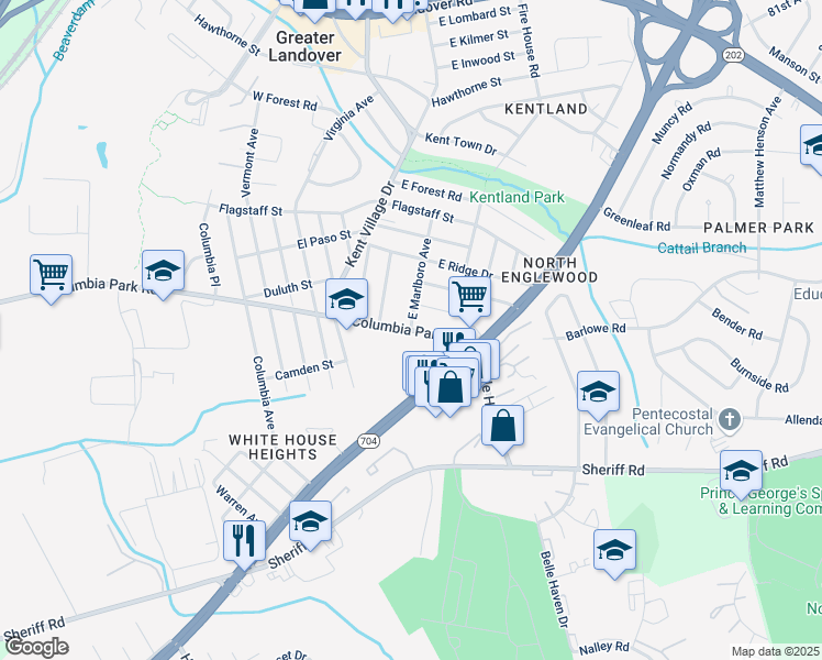 map of restaurants, bars, coffee shops, grocery stores, and more near 2002 E Marlboro Ave in Hyattsville