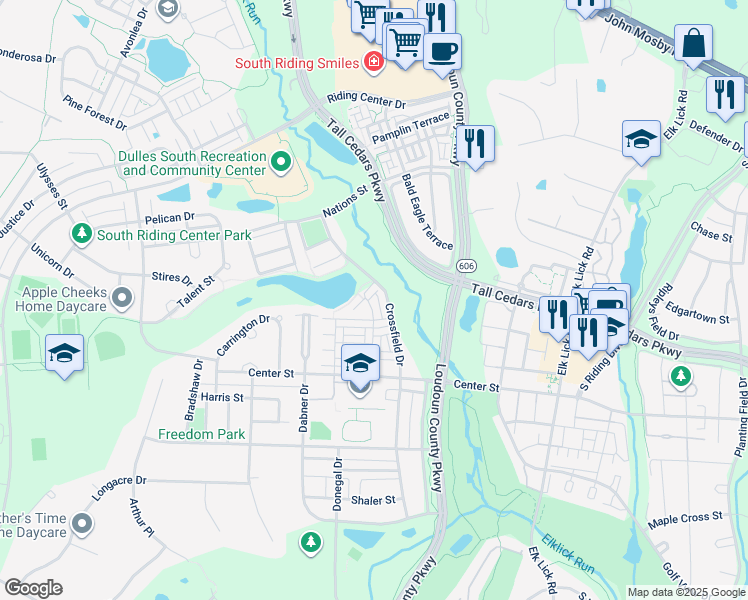 map of restaurants, bars, coffee shops, grocery stores, and more near 25320 Shipley Terrace in Chantilly