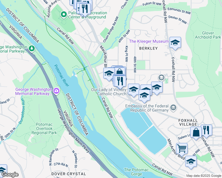 map of restaurants, bars, coffee shops, grocery stores, and more near 5022 V Street Northwest in Washington