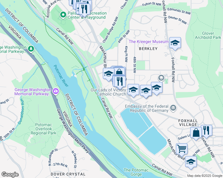 map of restaurants, bars, coffee shops, grocery stores, and more near 5018 V Street Northwest in Washington