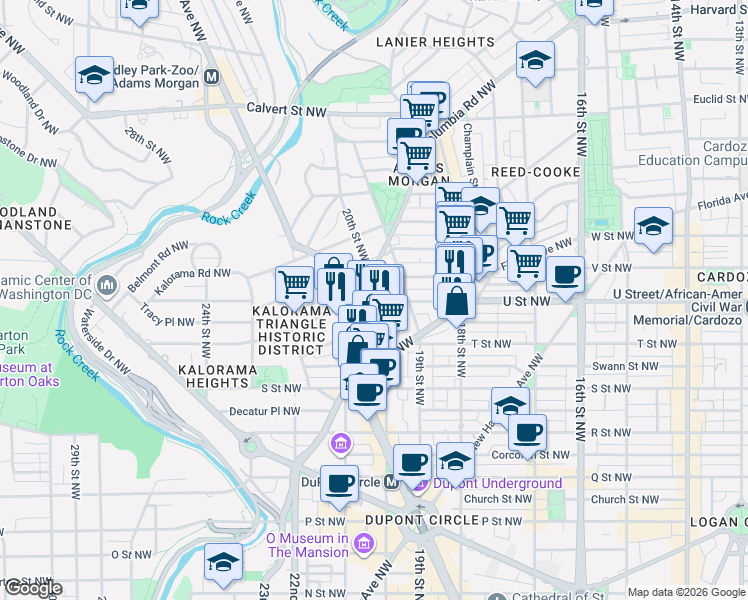 map of restaurants, bars, coffee shops, grocery stores, and more near 2022 Columbia Road Northwest in Washington