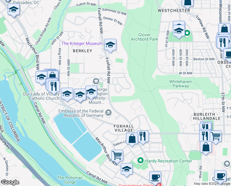 map of restaurants, bars, coffee shops, grocery stores, and more near 4432 Chestnut Lane in Washington