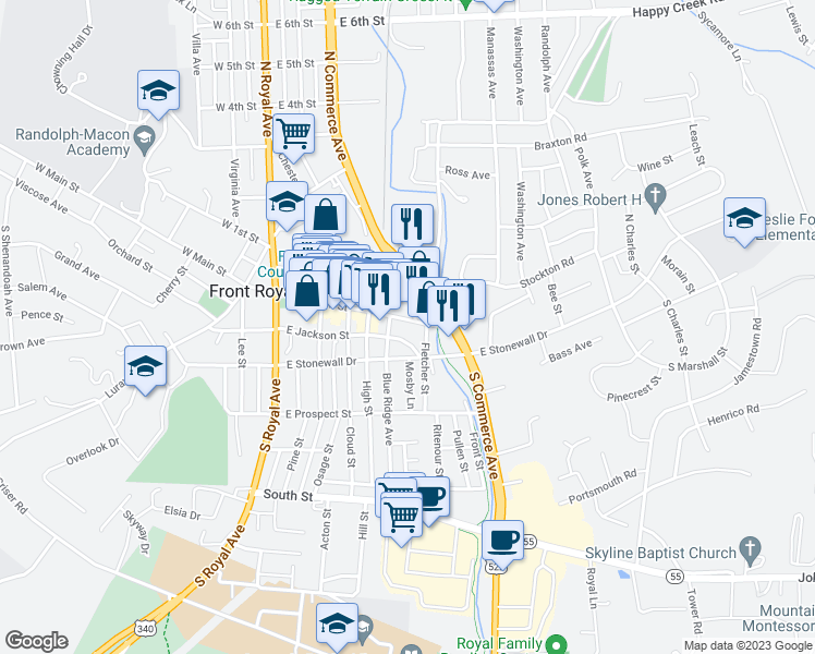 map of restaurants, bars, coffee shops, grocery stores, and more near 513 East Main Street in Front Royal