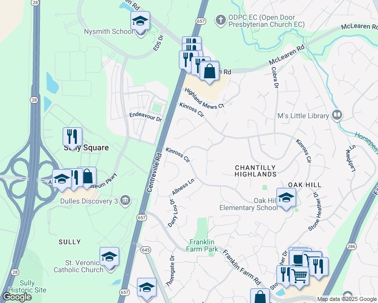map of restaurants, bars, coffee shops, grocery stores, and more near 13513 Glendundee Drive in Herndon