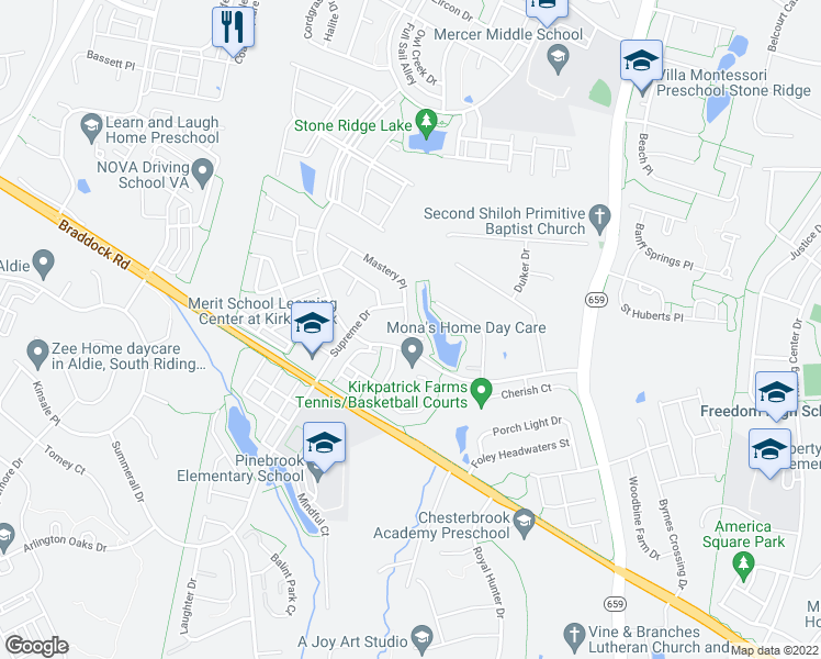 map of restaurants, bars, coffee shops, grocery stores, and more near 25310 Mastery Place in Aldie