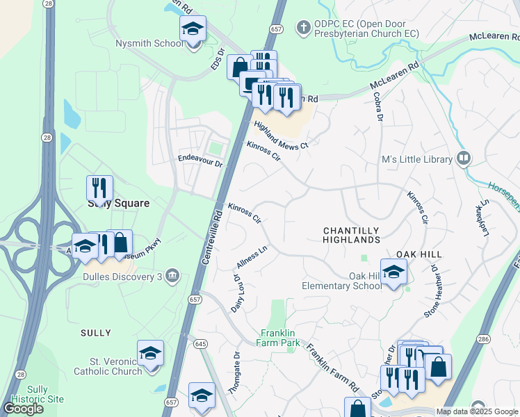 map of restaurants, bars, coffee shops, grocery stores, and more near 13513 Glendundee Drive in Herndon