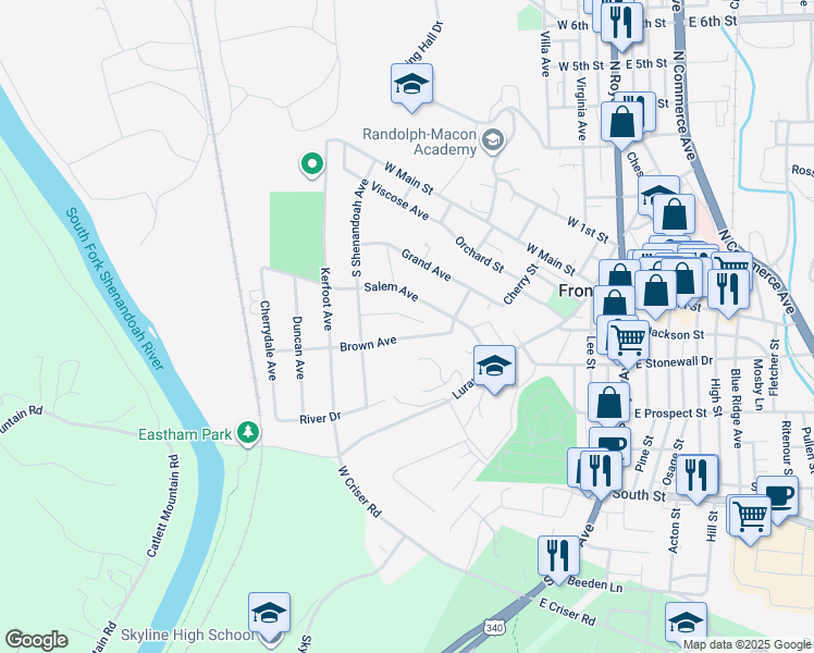 map of restaurants, bars, coffee shops, grocery stores, and more near 327 Brown Avenue in Front Royal