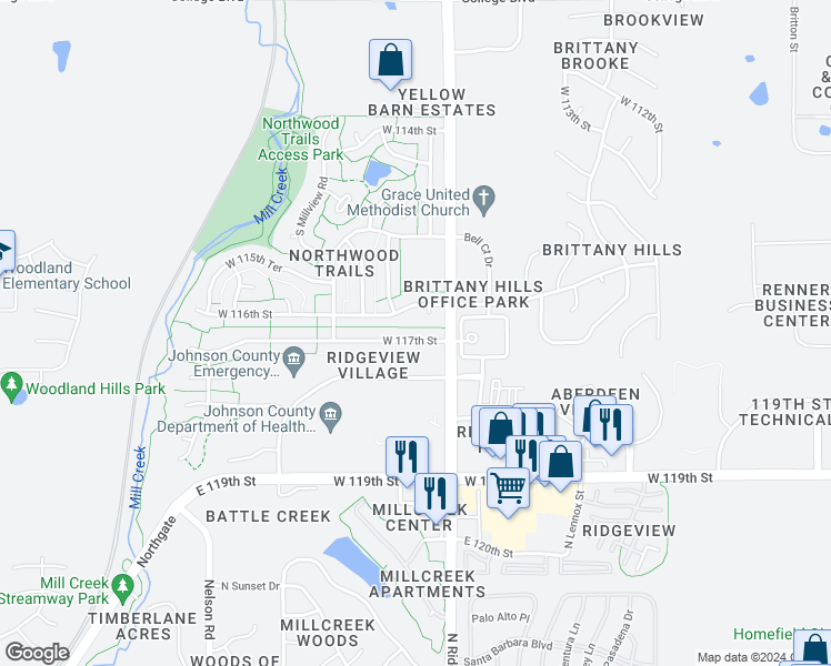 map of restaurants, bars, coffee shops, grocery stores, and more near 18380 West 117th Street in Olathe