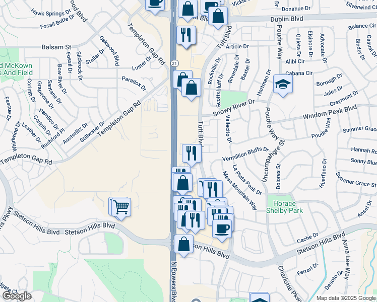 map of restaurants, bars, coffee shops, grocery stores, and more near 5923 Tutt Boulevard in Colorado Springs