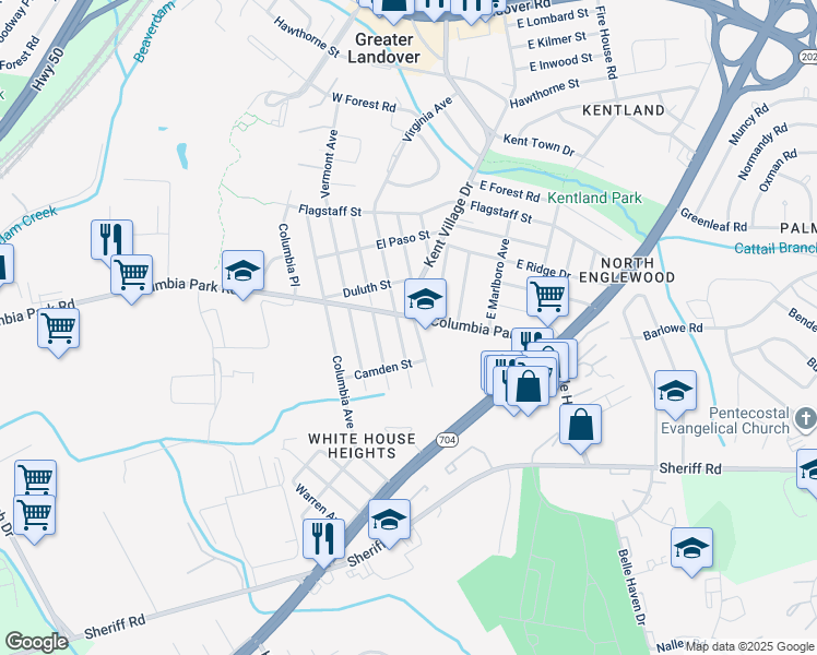 map of restaurants, bars, coffee shops, grocery stores, and more near 1914 Kent Village Drive in Greater Landover