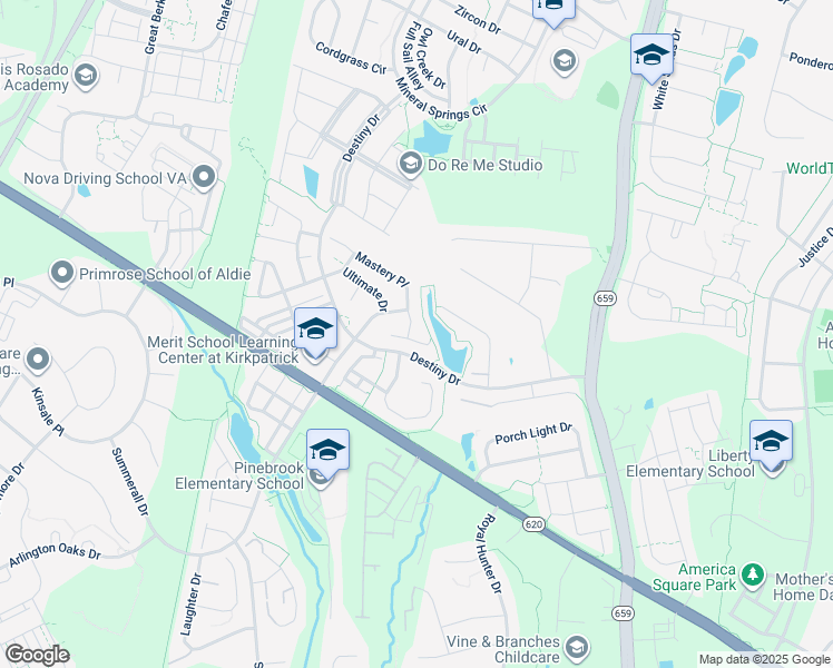 map of restaurants, bars, coffee shops, grocery stores, and more near 25310 Mastery Place in Aldie