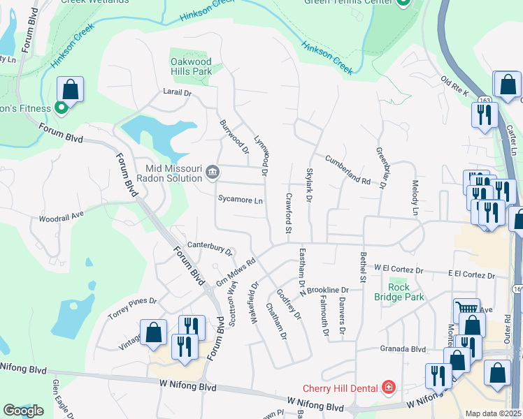 map of restaurants, bars, coffee shops, grocery stores, and more near 3205 Lynnwood Drive in Columbia