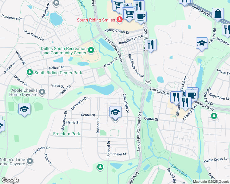 map of restaurants, bars, coffee shops, grocery stores, and more near 25326 Eldridge Terrace in Chantilly