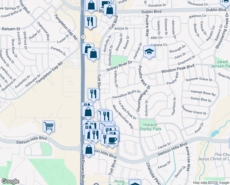 map of restaurants, bars, coffee shops, grocery stores, and more near 6231 La Plata Peak Drive in Colorado Springs