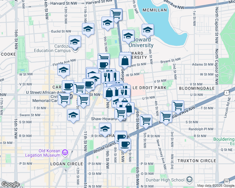 map of restaurants, bars, coffee shops, grocery stores, and more near 101 Independence Avenue Southeast in Washington