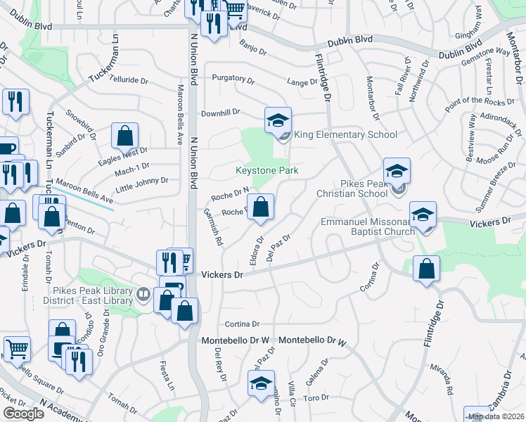 map of restaurants, bars, coffee shops, grocery stores, and more near 5930 Del Rey Drive in Colorado Springs