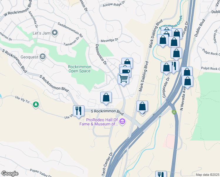 map of restaurants, bars, coffee shops, grocery stores, and more near 281 Eagle Summit Point in Colorado Springs