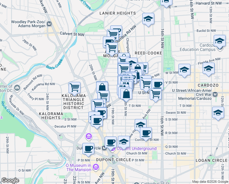 map of restaurants, bars, coffee shops, grocery stores, and more near 1849 Vernon Street Northwest in Washington