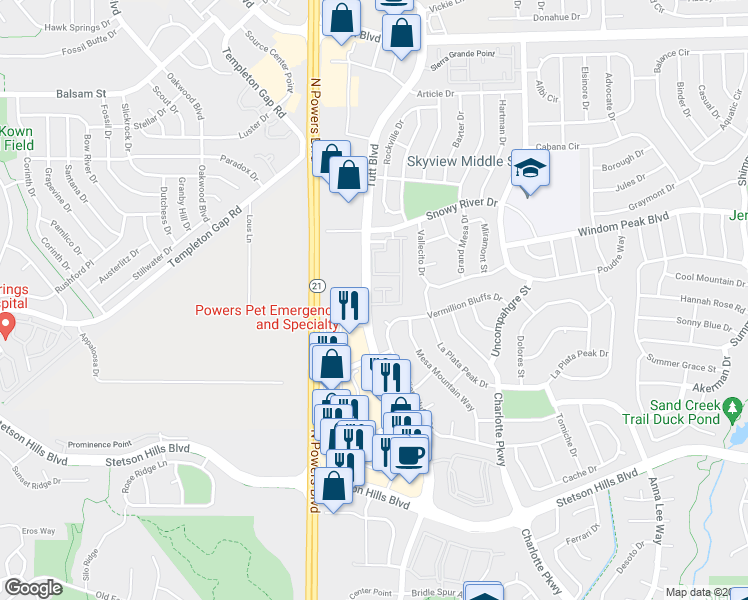 map of restaurants, bars, coffee shops, grocery stores, and more near 5938 Tympany Point in Colorado Springs