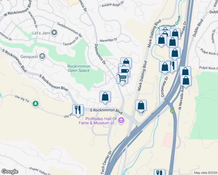 map of restaurants, bars, coffee shops, grocery stores, and more near 281 Eagle Summit Point in Colorado Springs