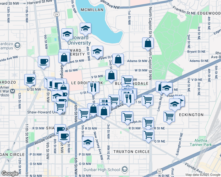map of restaurants, bars, coffee shops, grocery stores, and more near 2001 2nd Street Northwest in Washington