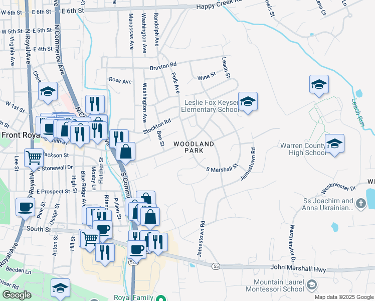 map of restaurants, bars, coffee shops, grocery stores, and more near 15 North Marshall Street in Front Royal