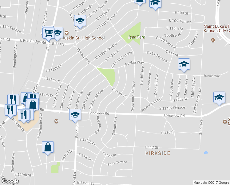 map of restaurants, bars, coffee shops, grocery stores, and more near 7800 East 114th Street in Kansas City
