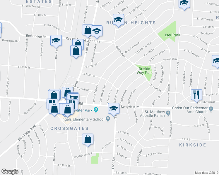 map of restaurants, bars, coffee shops, grocery stores, and more near 11300 Crystal Avenue in Kansas City