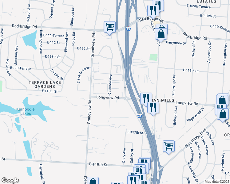 map of restaurants, bars, coffee shops, grocery stores, and more near 11411 Colorado Avenue in Kansas City