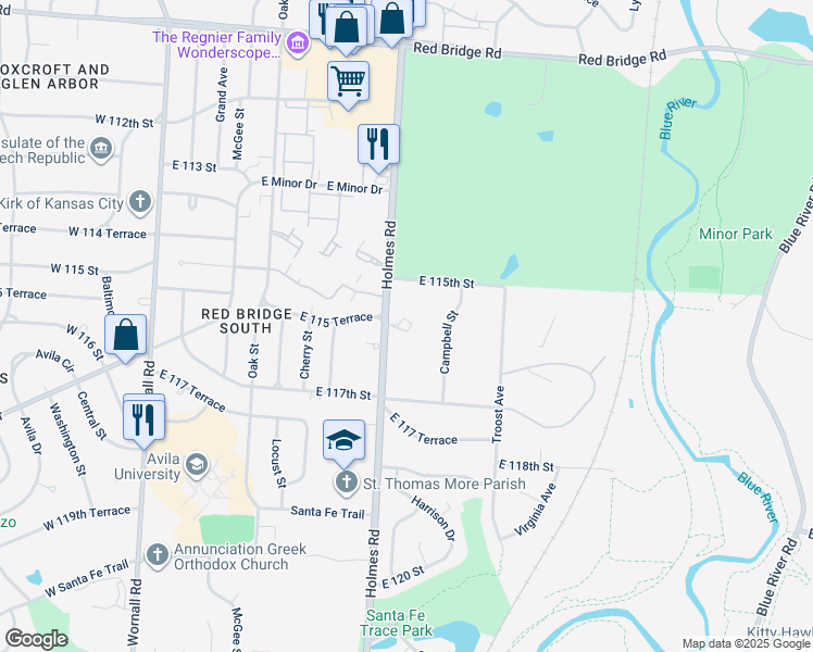 map of restaurants, bars, coffee shops, grocery stores, and more near 11502 Campbell Street in Kansas City