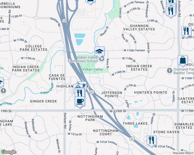 map of restaurants, bars, coffee shops, grocery stores, and more near 9908 West 116th Place in Overland Park