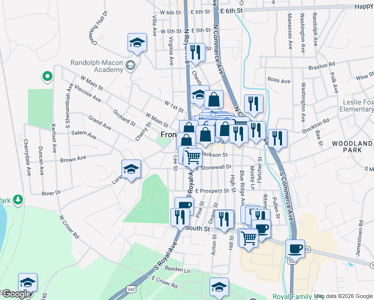 map of restaurants, bars, coffee shops, grocery stores, and more near 19 South Royal Avenue in Front Royal