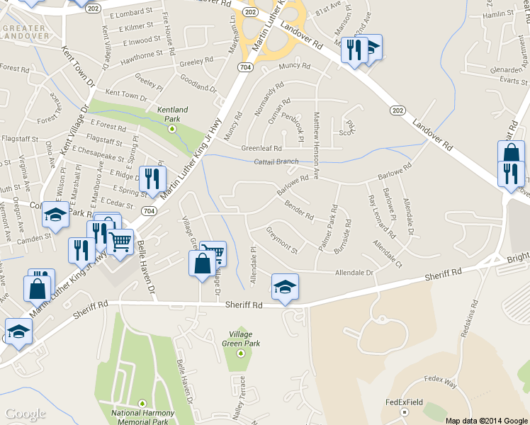 map of restaurants, bars, coffee shops, grocery stores, and more near 7621 Barlowe Road in Greater Landover