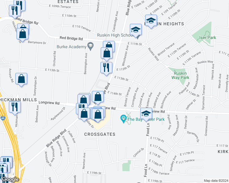 map of restaurants, bars, coffee shops, grocery stores, and more near 6908 East 114th Street in Kansas City