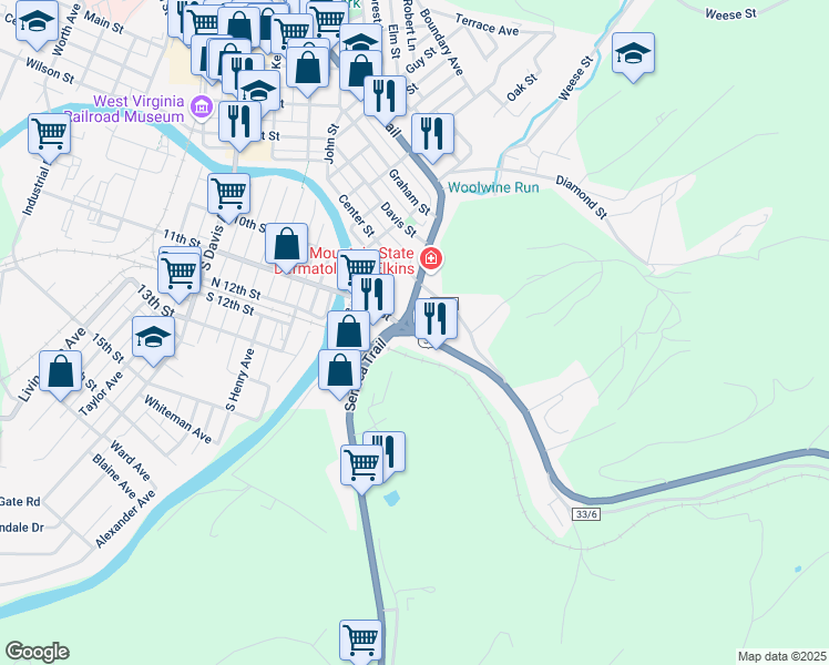 map of restaurants, bars, coffee shops, grocery stores, and more near Allegheny Highway in Elkins
