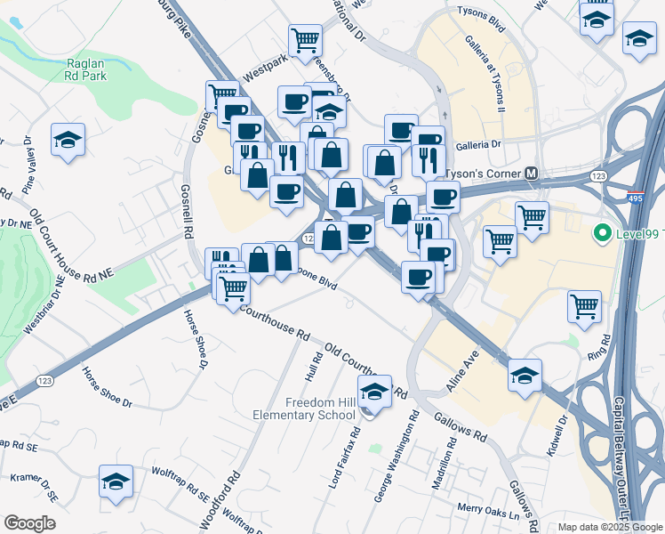 map of restaurants, bars, coffee shops, grocery stores, and more near 8300 Boone Boulevard in Vienna