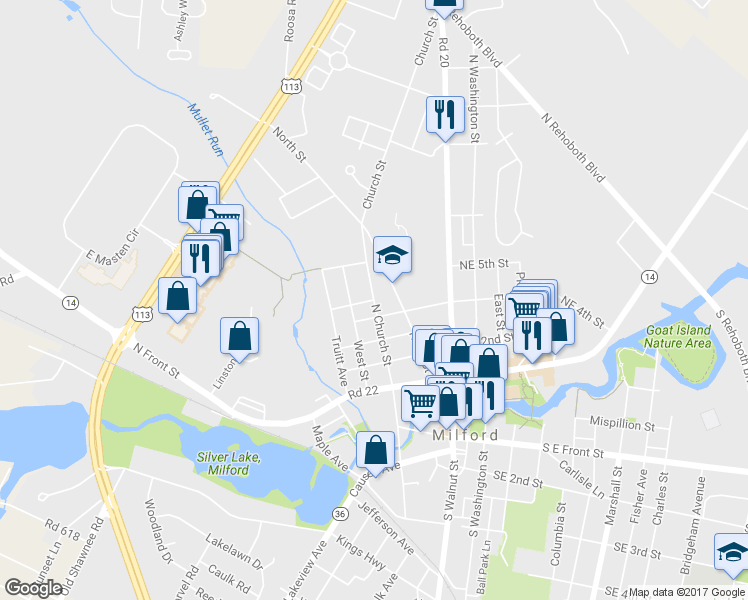 map of restaurants, bars, coffee shops, grocery stores, and more near North Church Avenue in Milford