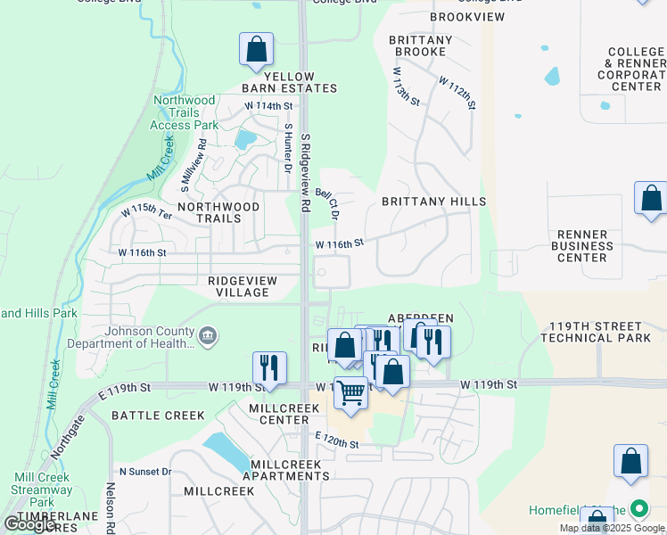 map of restaurants, bars, coffee shops, grocery stores, and more near 11691 South Ridgeview Road in Olathe
