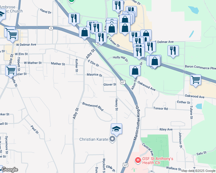 map of restaurants, bars, coffee shops, grocery stores, and more near 300 Glover Street in Alton