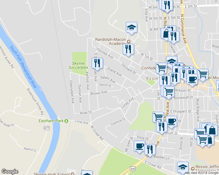 map of restaurants, bars, coffee shops, grocery stores, and more near 327 Brown Avenue in Front Royal