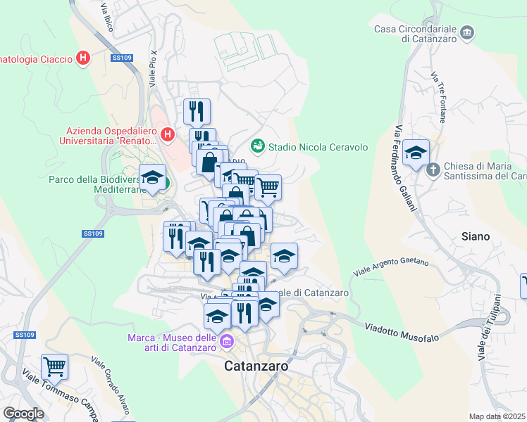 map of restaurants, bars, coffee shops, grocery stores, and more near Via Fratelli Plutino in Catanzaro