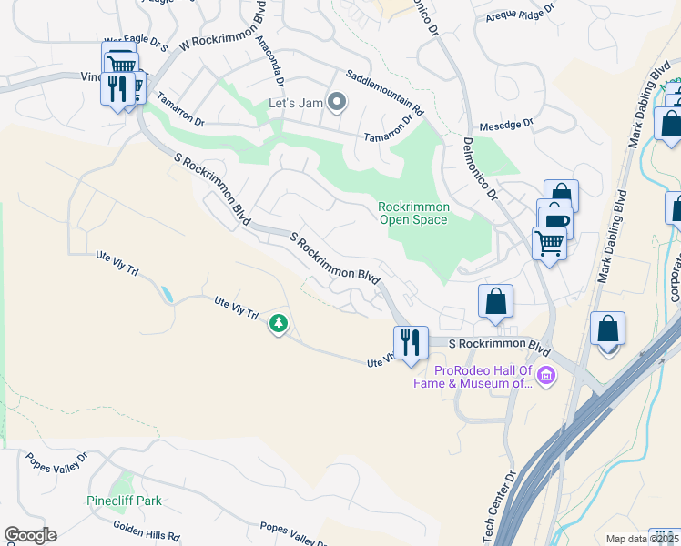 map of restaurants, bars, coffee shops, grocery stores, and more near 250 Rim View Drive in Colorado Springs