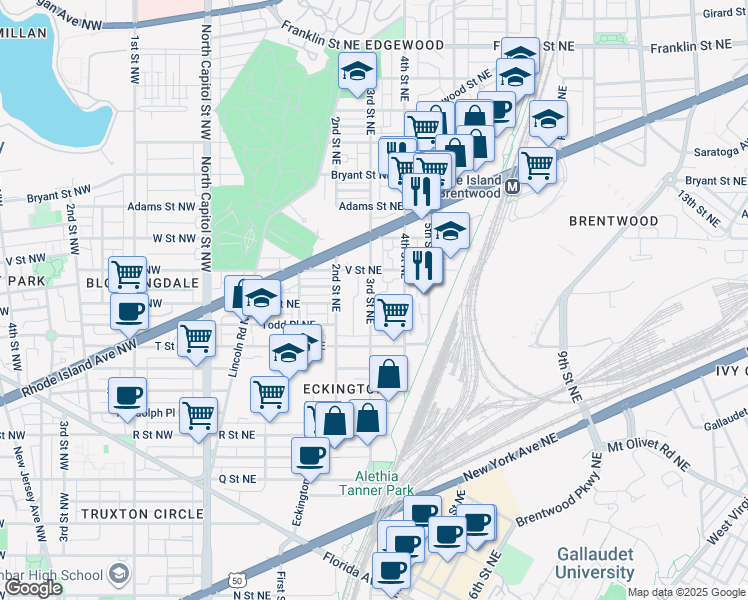 map of restaurants, bars, coffee shops, grocery stores, and more near 308 U Street Northeast in Washington