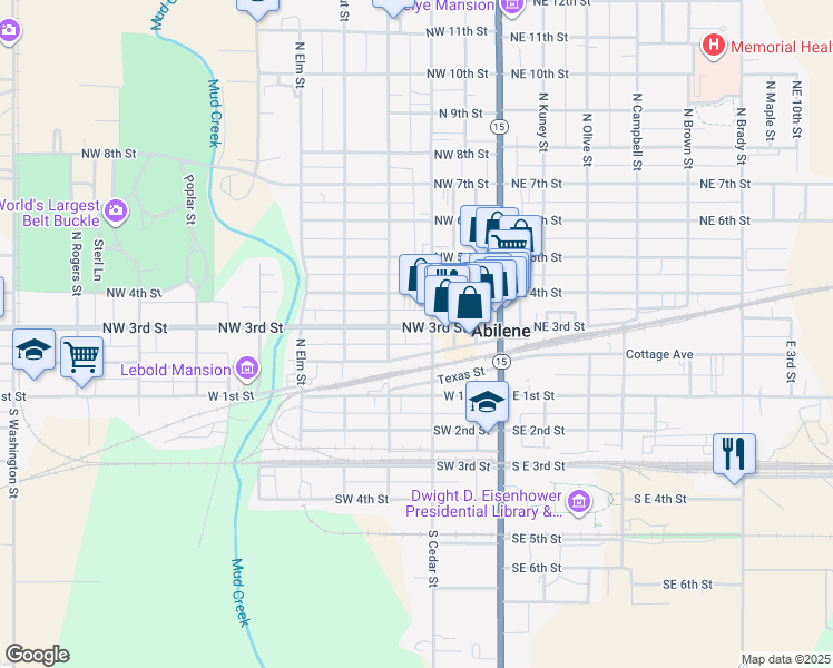 map of restaurants, bars, coffee shops, grocery stores, and more near 305 North Cedar Street in Abilene