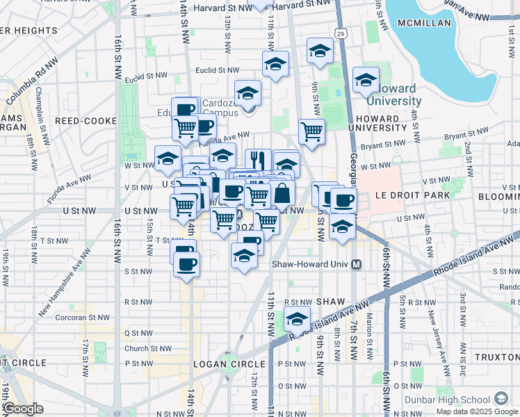 map of restaurants, bars, coffee shops, grocery stores, and more near 1131 U Street Northwest in Washington