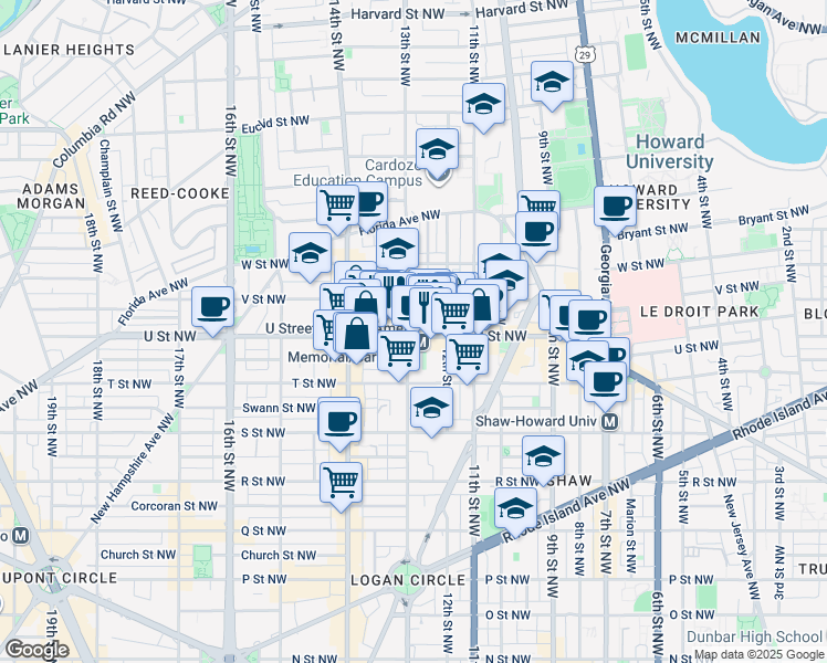 map of restaurants, bars, coffee shops, grocery stores, and more near 1241 U Street Northwest in Washington