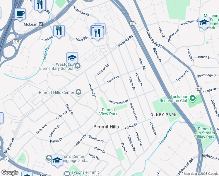 map of restaurants, bars, coffee shops, grocery stores, and more near 7400 Storm Court in Falls Church